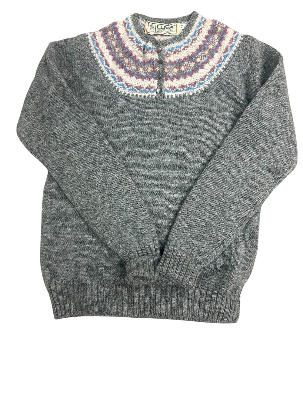 VTG L.L. Bean 100% Wool Fair Isle Sweater Sz 38 Gray Pink Blue 1980s Shetland